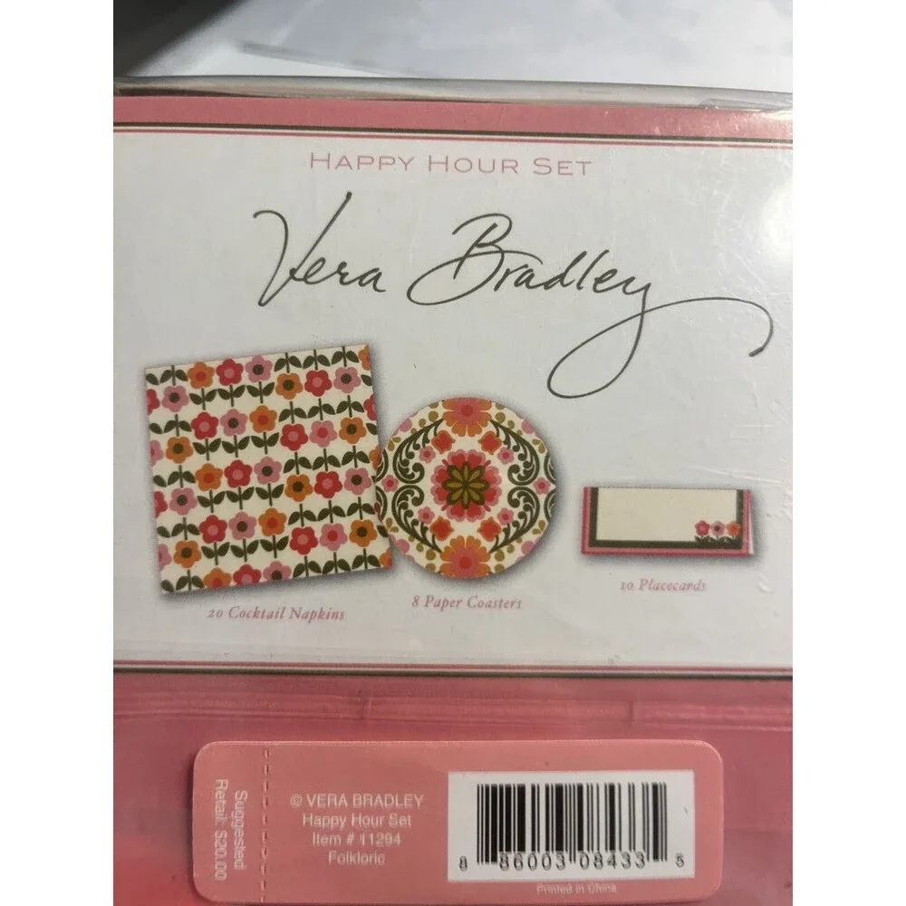 2 Vera Bradley Happy Hour Set, Napkins Coasters Place Cards Pink Green Yellow